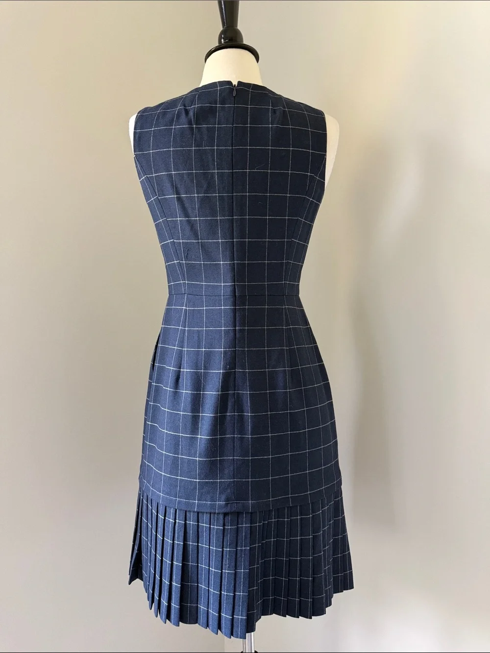 J.Crew Navy Blue Windowpane Pleated Hem Sheath Dress w/ Pockets (size 2P)